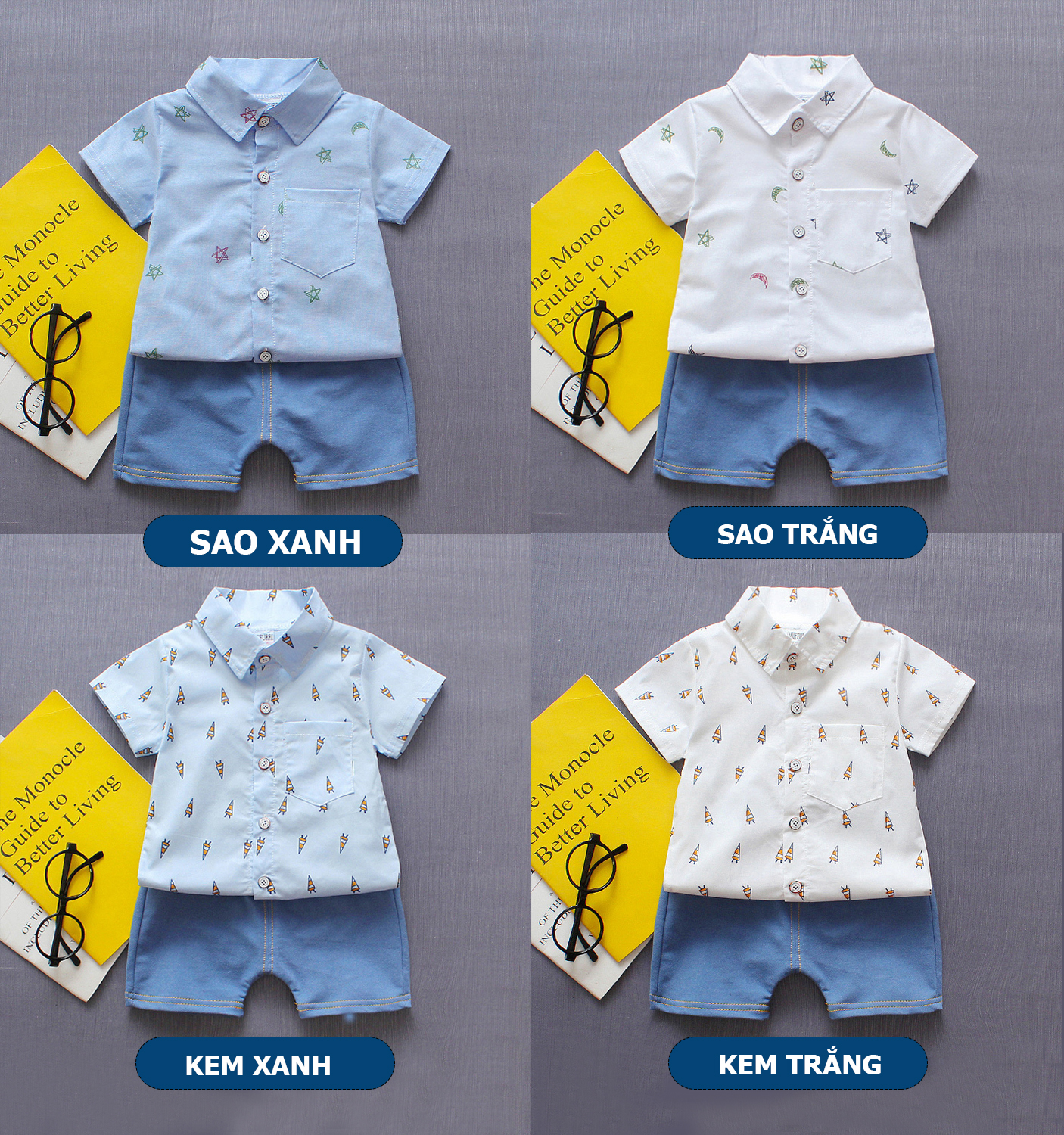 Combo áo sơ mi quần đùi bò bé trai MUFFURRI chất vải cotton mềm đẹp an toàn da bé