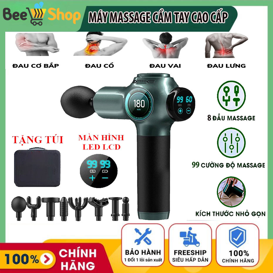 Máy massage cầm tay Súng mát xa toàn thân Máy massage đau mỏi vai gáy giãn cơ sau tập Máy đấm lưng đa năng 8 đầu 99 chế độ hiển thị màn hình led