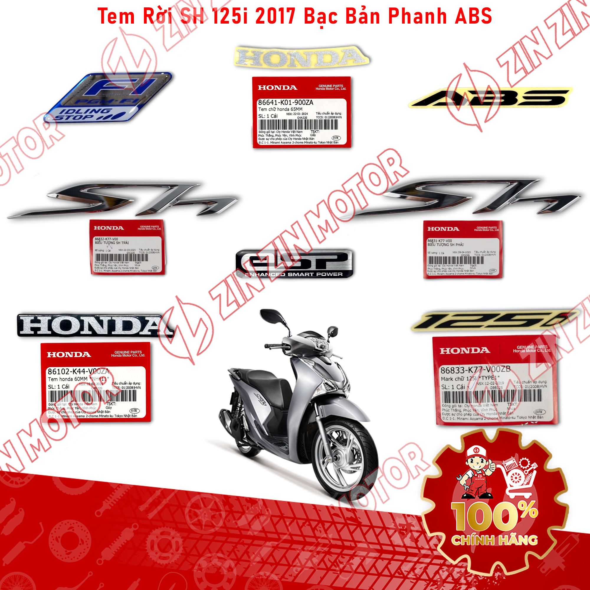 Tem Rời Xe SH 125i 2017 Bạc Phiên Bản Phanh ABS 86644-KZR-770ZA , 86641-K01-900ZA Chính Hãng - ZZM