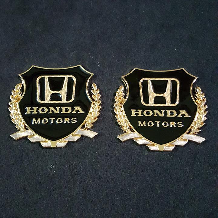 Bộ 2 miếng dán logo kim loại chữ HONDA bông lúa trang trí trên xe oto logo Honda- Màu bạc