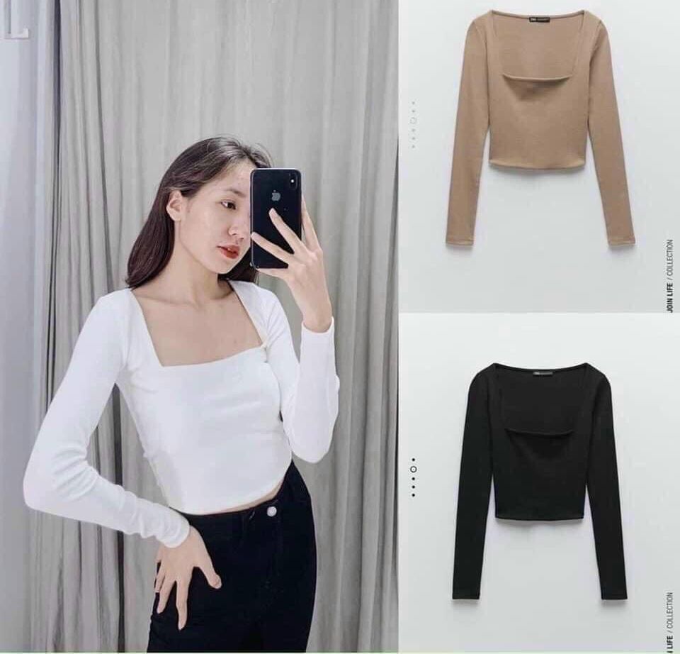 Áo thun tăm cổ vuông dài tay dáng croptop vải giãn nhiều màu