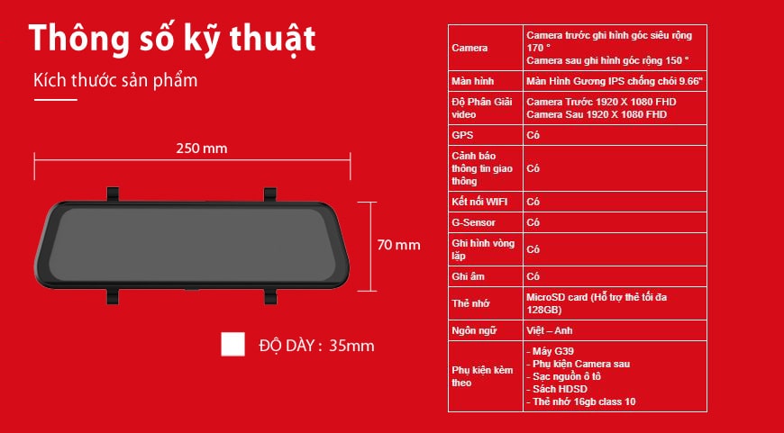 Camera hành trình tích hợp gương tràn viền 9.66inch Tích hợp cam lùi Có cảnh
