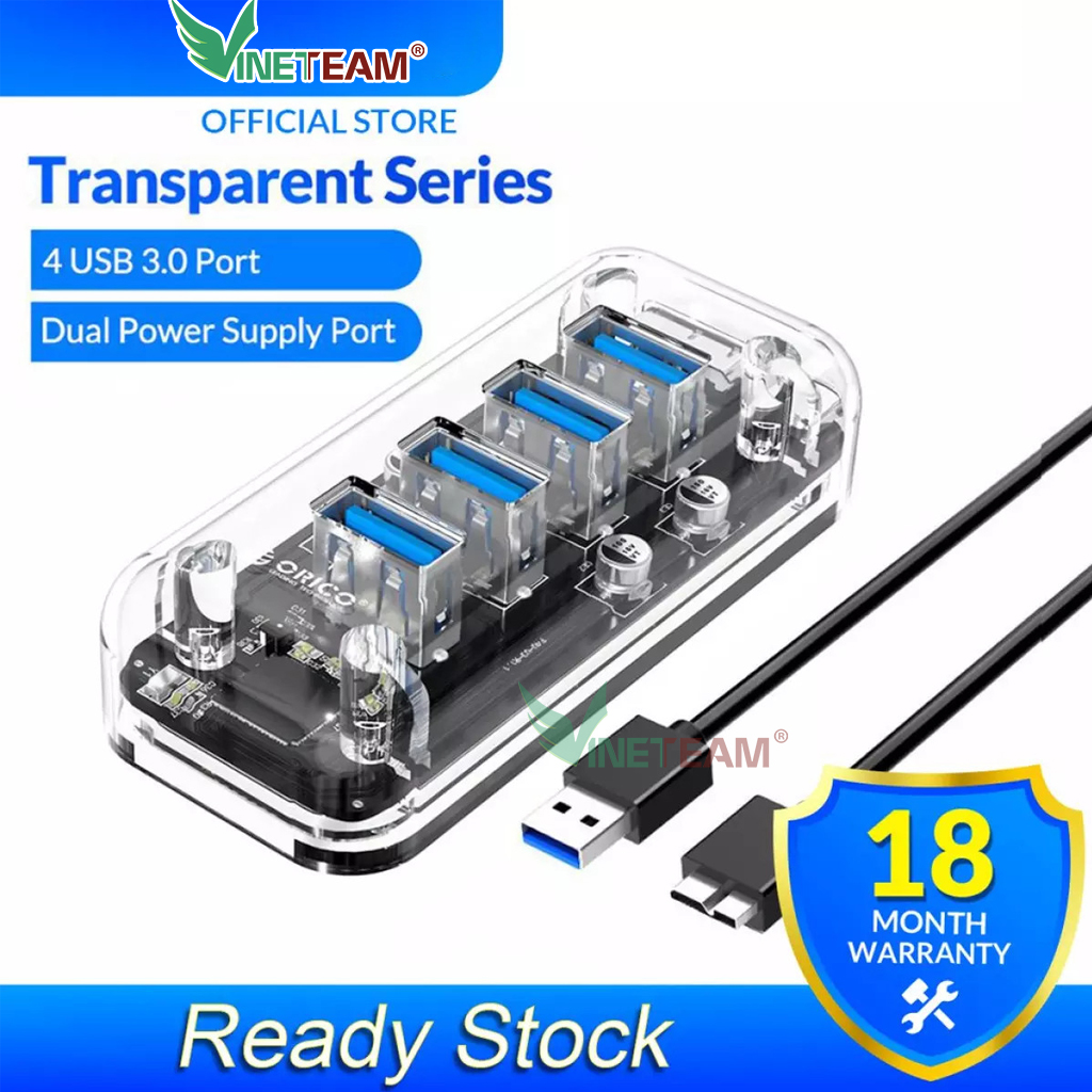 Orico hub usb 3.0 trong suốt để bàn, 4 cổng 5gbps tốc độ cao với bộ sạc điện