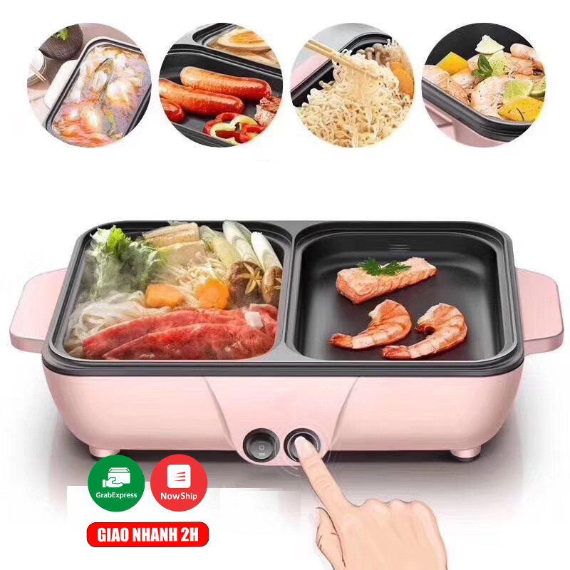 Bếp lẩu nướng 2 in 1, bếp nướng lẩu điện đa năng cao cấp, bếp nướng - bếp nướng lẩu tiện dụng - bếp nướng 2 ngăn - bếp lẩu nướng 2in1- màu đen