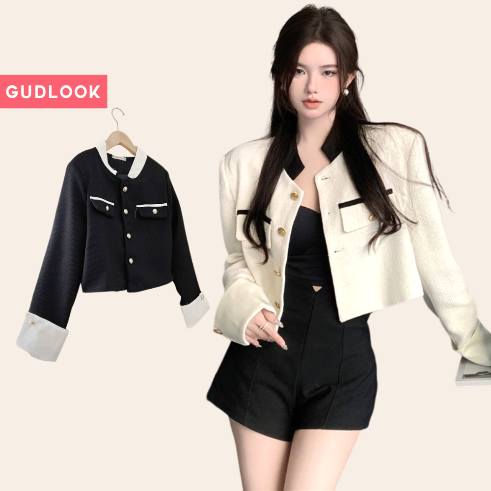 Áo Dạ GUDLOOK phối tay sơ mi dáng lửng trắng đen