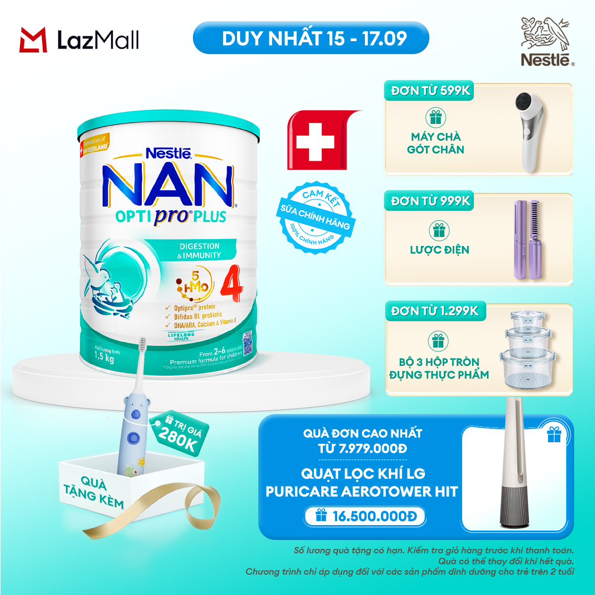 [CHỈ 15-17.9 QT ĐƠN 599K/999K/1299K] [Tặng bàn chải điện] Sữa bột Nestlé NAN OPTIPRO PLUS 4 1500g/lon với 5HMO Giúp tiêu hóa tốt