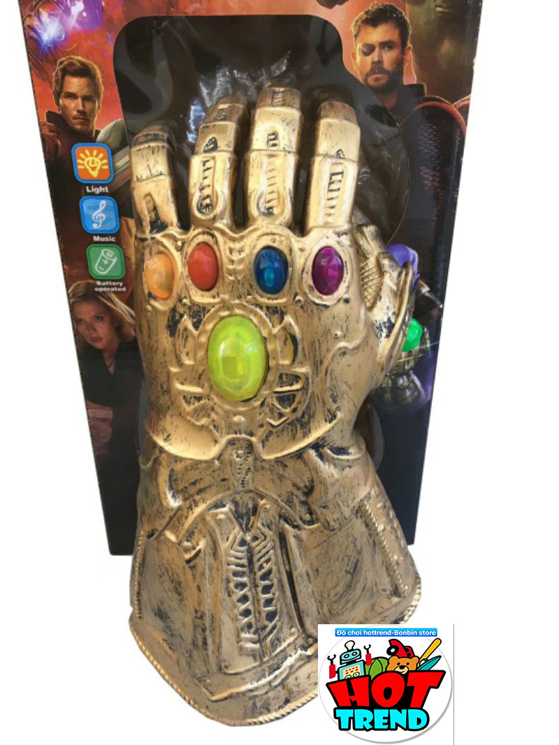 Găng tay Thanos vô cực có đèn, nhạc sẵn pin  nhựa mềm size 30cm dành cho trẻ từ 6 tuổi đến người lớn hóa trang nhập vai