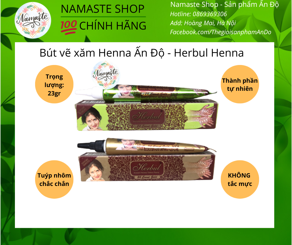 Được truyền cảm hứng bởi vẻ đẹp tự nhiên của thảo dược, henna được sử dụng trong nhiều thế kỷ để tô điểm cơ thể. Henna Herbul là một thương hiệu uy tín đến từ Ấn Độ, với những sản phẩm henna đảm bảo chất lượng và độ an toàn cao cho người dùng.