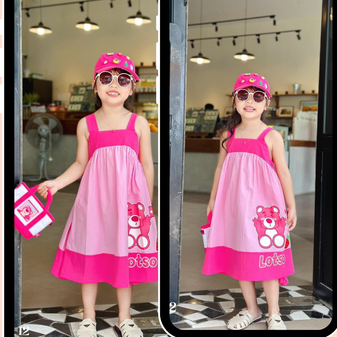 (9-40kg) Váy thô 2 dây bản to in hình gấu dâu Lotso đáng yêu cho bé gái diện hè, đi biển, đi chơi