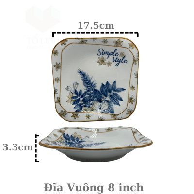 Đĩa vuông gốm sứ Simple Style 8 inch, đĩa vuông gốm sứ cao cấp Simple Style