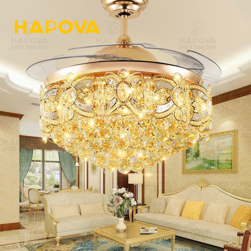 Quạt có đèn, quạt trần đèn dấu cánh pha lê HAPOVA DQ 8048 Động cơ 6 số + Tặng kèm điều khiển từ xa