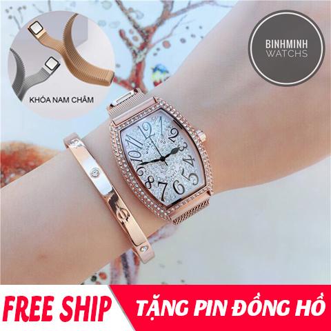 [HCM]Đồng hồ nữ đồng hồ dây kim loại nữ đồng hồ dây nam châm nữ mobangtou mặt bầu dục nạm đá sang trọng dây hít nam châm HOT2019 ( tặng pin )