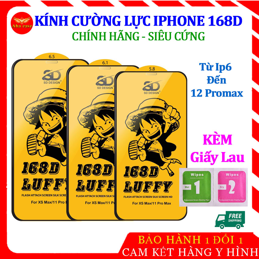 [Chính hãng] Kính cường lực Iphone  LUFFY 168D SD DESIGN các dòng Ip 6 , 6s. 6 Plus, 7, 7 Plus, 8, 8 Plus, X, XS, XR, XS Max, Ip11, 11Pro , 11 Promax, Iphone12, 12pro, 12 Promax full màn hình, chống trầy xước, siêu cứng, KÈM GIẤY LAU.