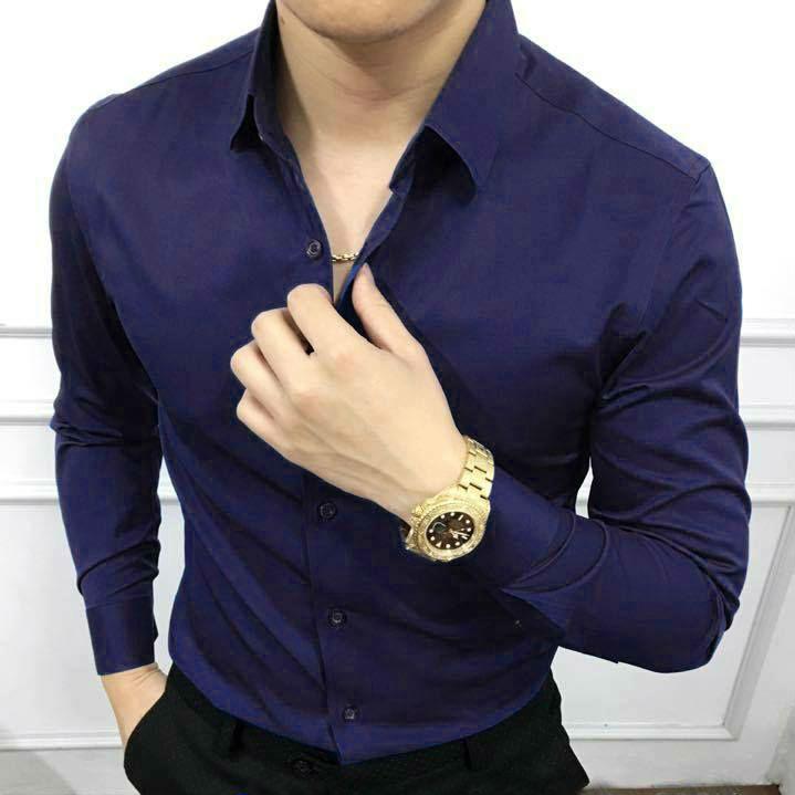 Áo sơ mi nam Tím Than, áo sơ mi nam dáng ôm hàn quốc chất liệu Lụa chống nhăn