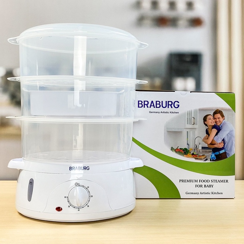 Nồi hấp điện 3 tầng braburg b3k - 9 lít, bộ nồi hấp điện đa năng 3 tầng braburg, tự ngắt điện khi hết nước hoặc hết giờ, hấp nguyên con gà, nồi hấp nhanh, có hướng dẫn thời gian hấp, giữ 100% dinh dưỡng