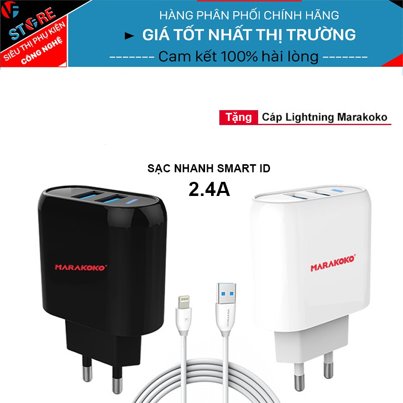 Củ sạc nhanh marakoko ma16, 2 cổng sạc nhanh smart id 2.4a, tặng kèm cáp lightning