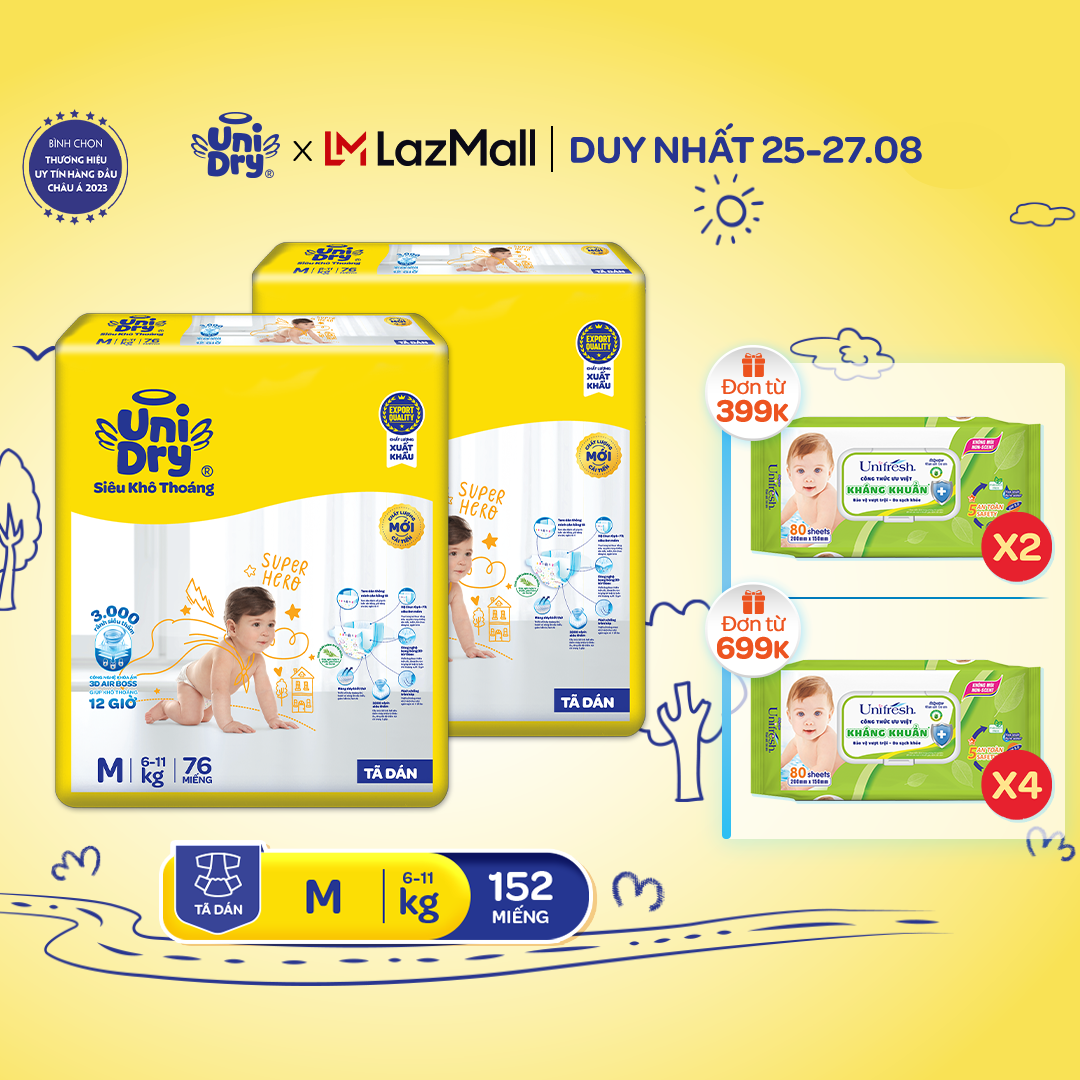 Combo 2 tã dán unidry siêu khô thoáng gói super jumbo mới size m76/l68/xl62