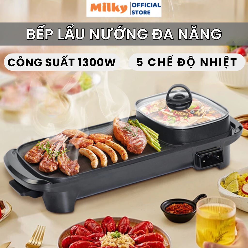 Bếp Lẩu Nướng Dài 2in1 Đa Năng Cao Cấp Công Suất 1300w Bề Mặt Chống Dính Truyền Nhiệt Nhanh Tiết Kiệm Điện