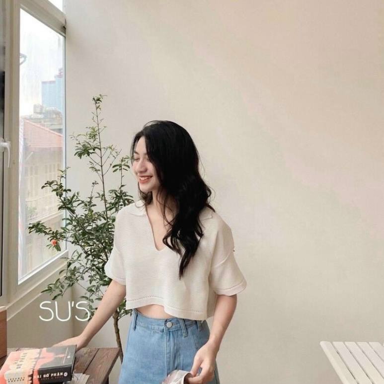 Áo thun gân tay ngắn cổ v croptop kiểu mới về