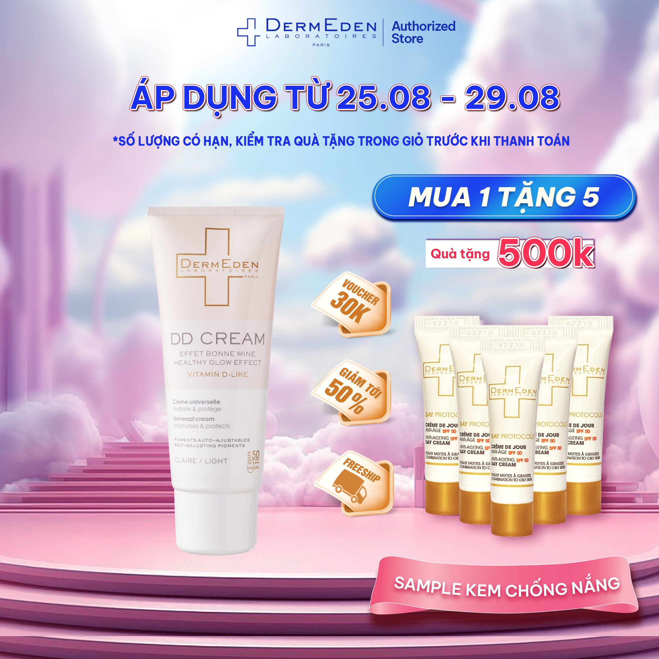 Kem chống nắng SPF50 PA+++ kết hợp trang điểm và dưỡng da, làm đều màu da, chống lão hóa DermEden DD Cream  50 ml