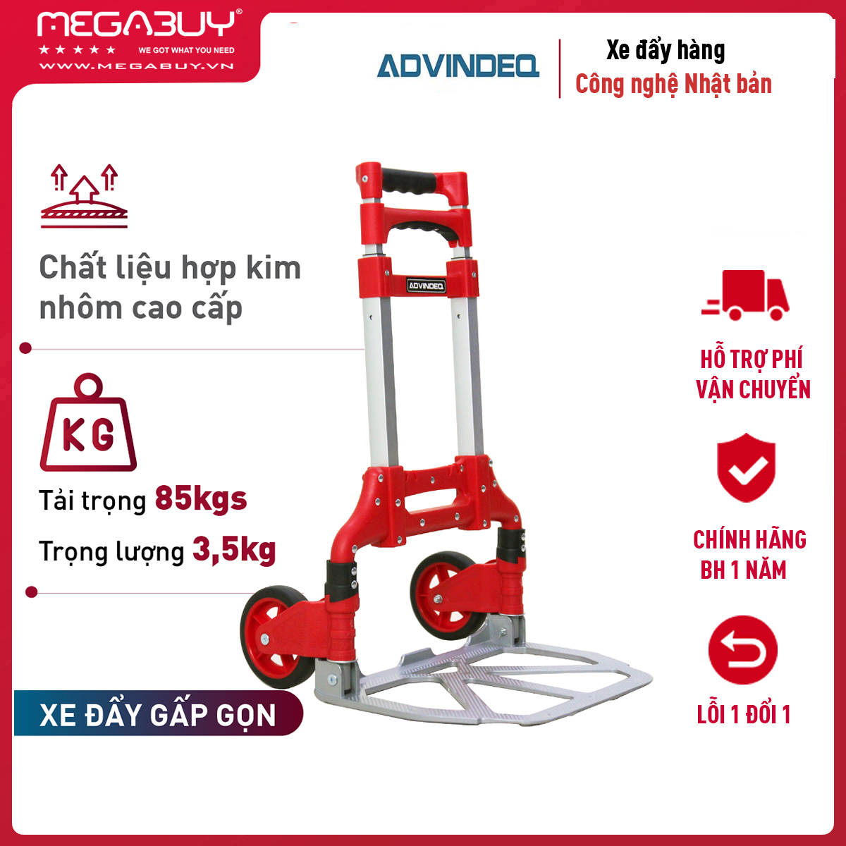 Xe đẩy hàng 2 bánh chở 85kg gấp gọn nhập khẩu Nhật Bản Advindeq TL-85E , xe kéo hàng 2 bánh bánh rút gọn, bánh xe chống ồn- Bảo hành 1 năm