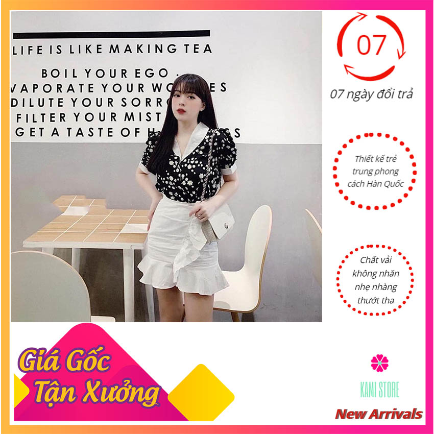 Set đầm váy nữ hoa cúc phối áo cổ V KAMI STORE trẻ trung dễ thương phong cách Hàn Quốc giá rẻ chất lượng mẫu hot hit hè 2020 đầm nữ đẹp đầm váy nữ sét đầm nữ