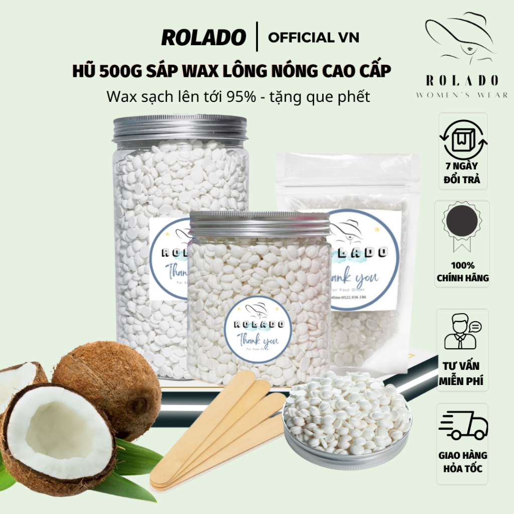 Sáp wax lông nóng sữa dừa cao cấp ROLADO siêu bám lông hộp 500G