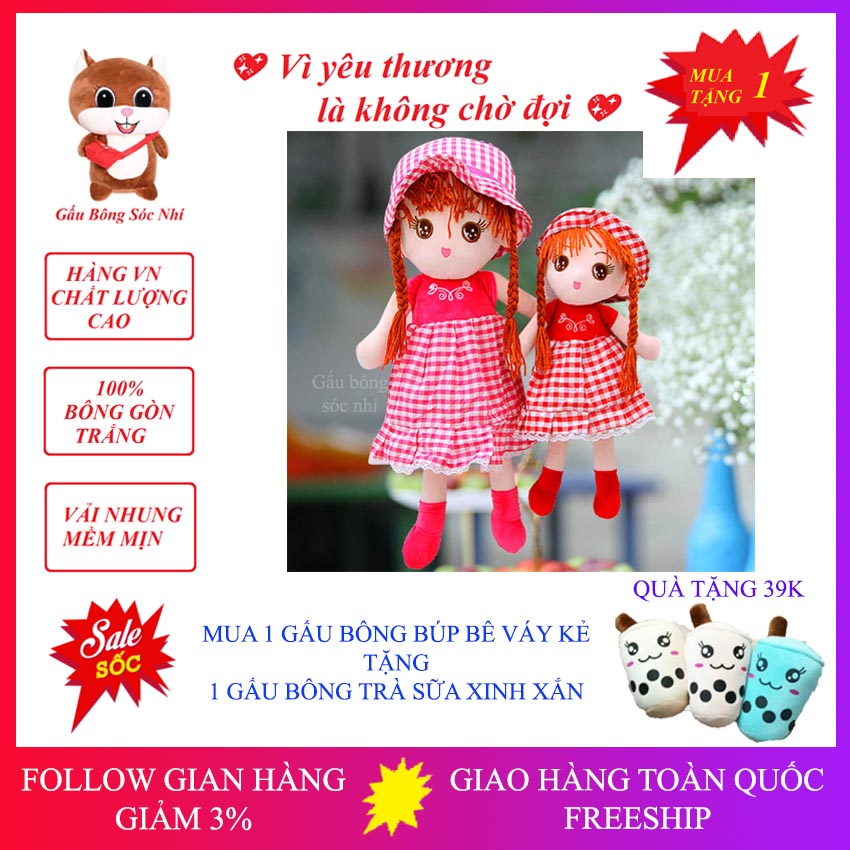 [Mua 1 Tặng 1] Gấu Bông Búp Bê Váy Kẻ Xinh Xắn - Gấu Bông Sóc Nhí - Gấu Bông Cao Cấp Vải Nhung Mềm Mịn - Mua 1 Gấu Bông Búp Bê Váy Kẻ Tặng 1 Gấu Bông Trà Sữa Xinh Xắn