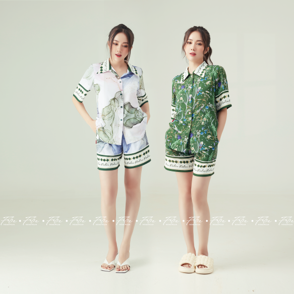Folie Homewear - Set đồ mặc nhà áo sơ mi ngắn tay quần đùi lụa tằm ý SET FB116