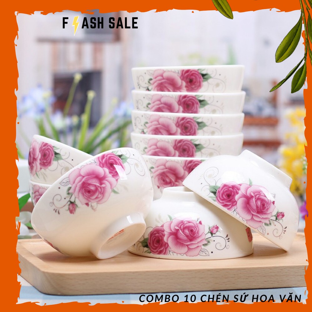 Combo 10 chén sứ tráng men cao cấp - hoa văn trang nhã, sang trọng