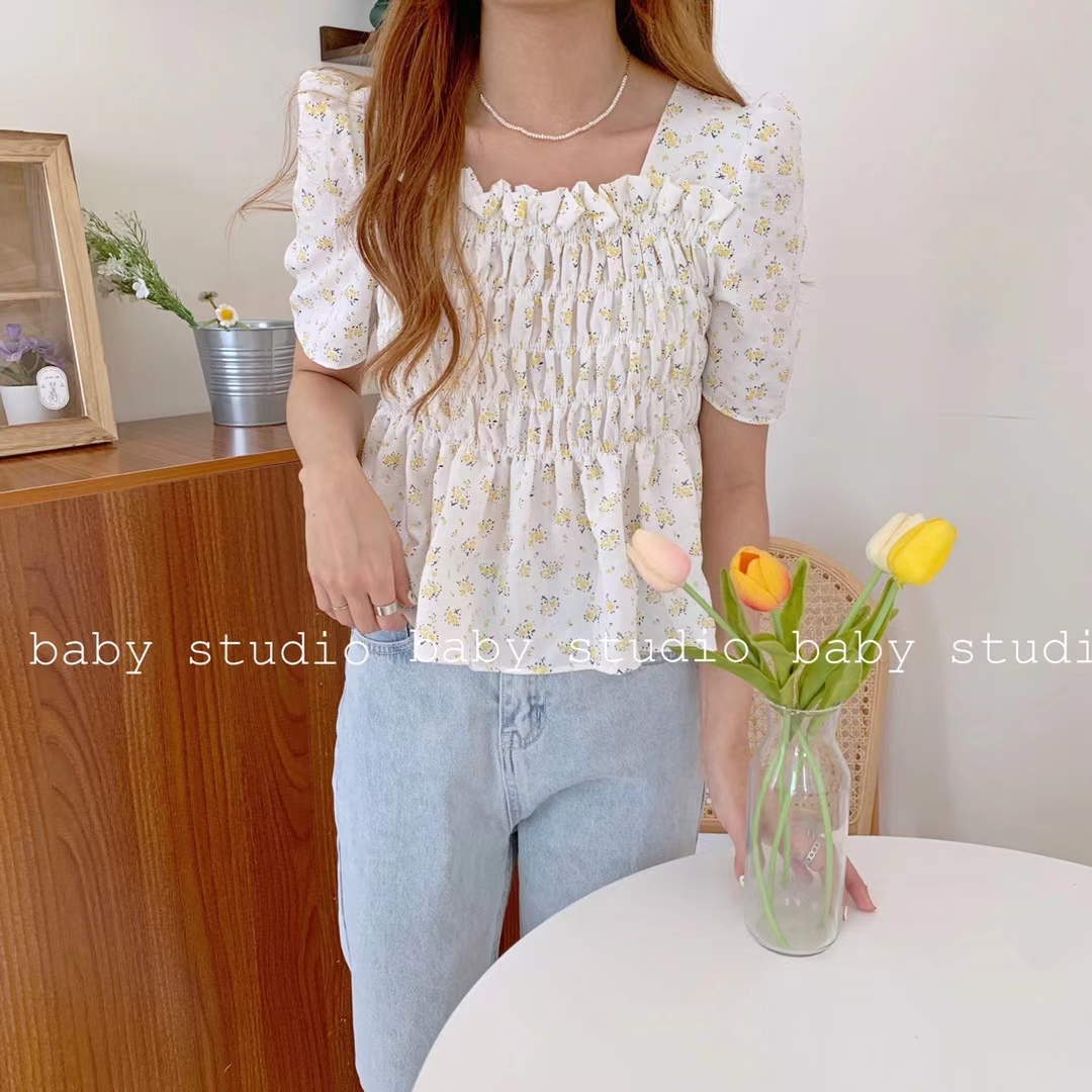 [HCM]Áo Kiểu Nữ - Áo Hoa Nhí Tay Ngắn Cổ Vuông Ngực Bèo Nhún Thân 8822