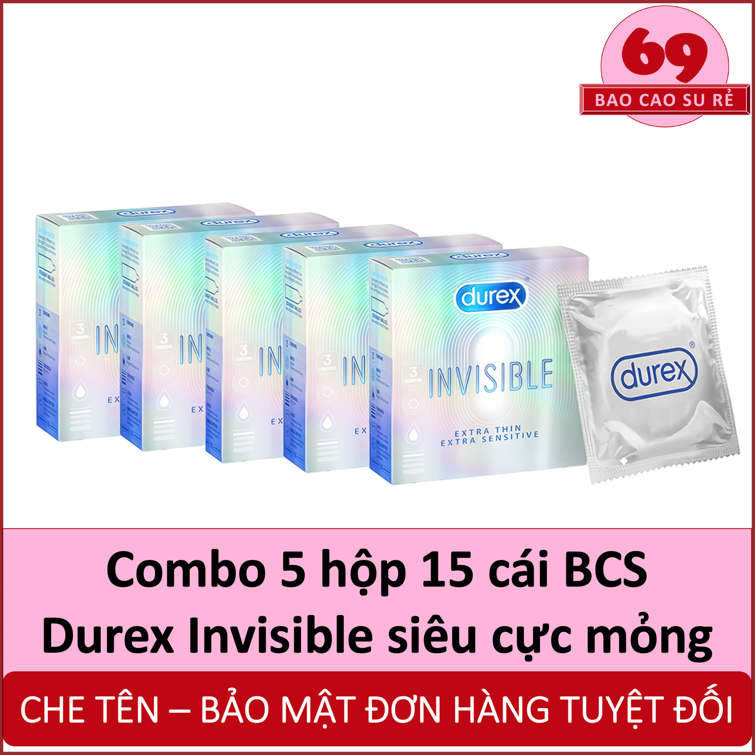 Combo 5 Hộp Bao Cao Su Durex Invisible Siêu Cực Mỏng Hộp 3 Cái
