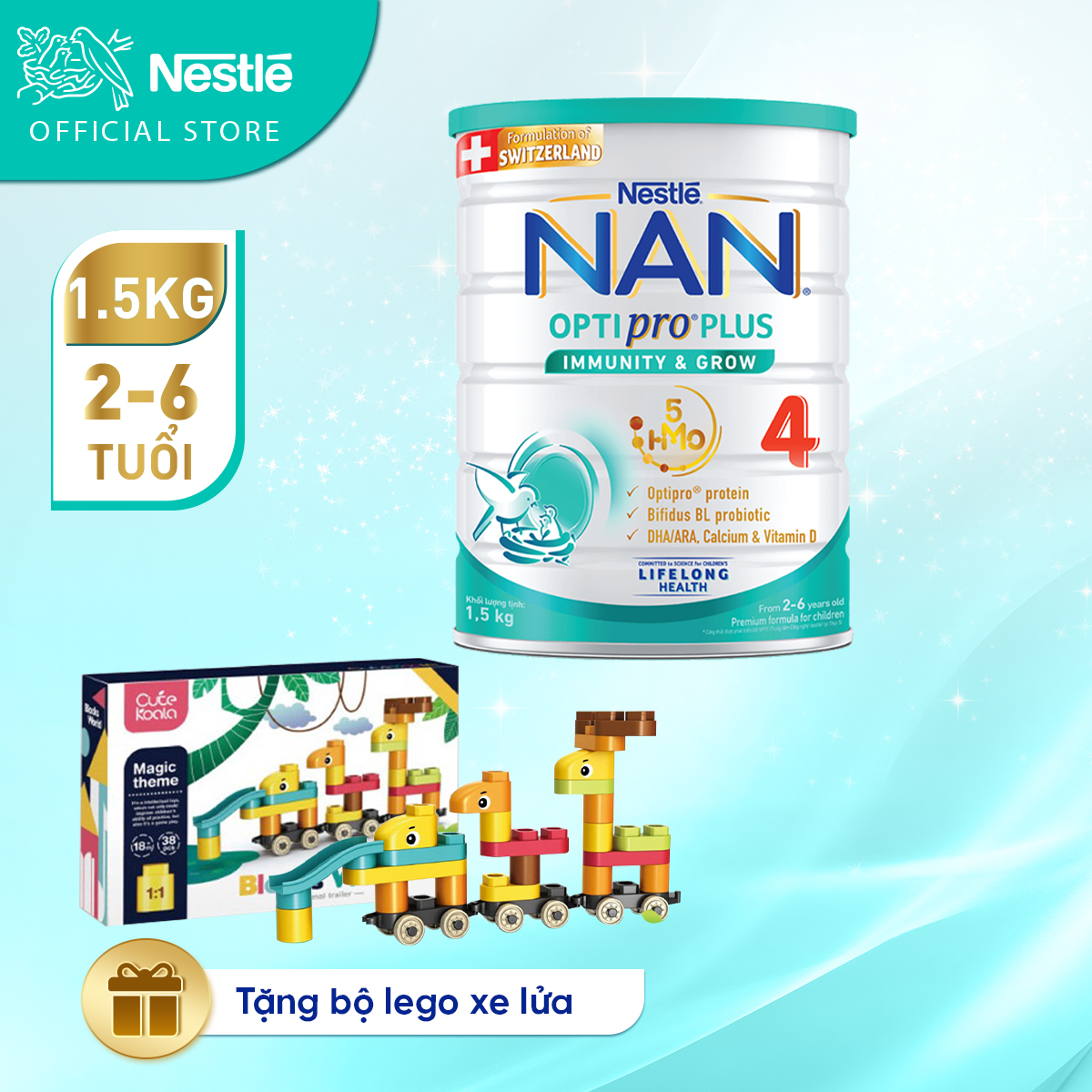 Sữa bột nestlé nan optipro plus 4 1500g/lon với 5hmo hỗ trợ đề kháng - tiêu hóa - trí não & chiều cao + tặng bộ lego xe lửa
