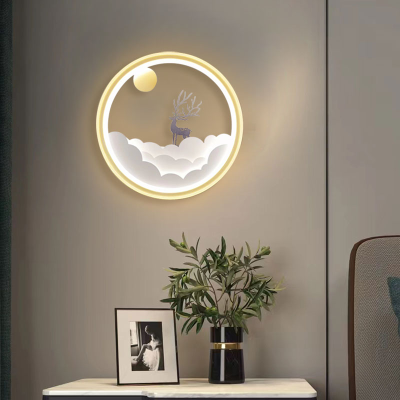 Đèn tường LED trang trí trong nhà hình tròn đường kính 30cm họa tiết con hươu sáng đổi 3 màu MKF30