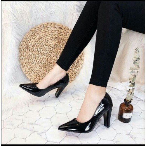 giày gót vuông công sở 7P da đen bóng - kèm ảnh thật