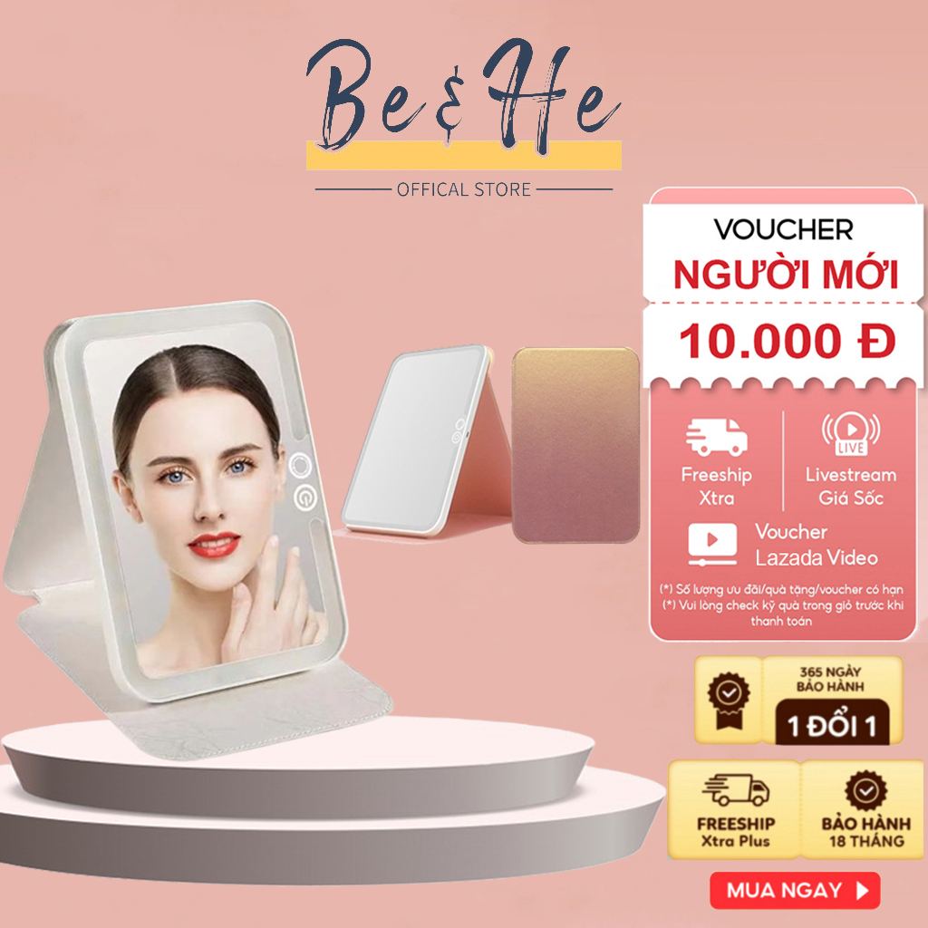 Gương trang điểm chữ nhật để bàn có đèn led cảm ứng 3 chế độ ánh sáng siêu lung linh - gương gấp gọn thông minh sạc điện usb điều chỉnh được độ sáng