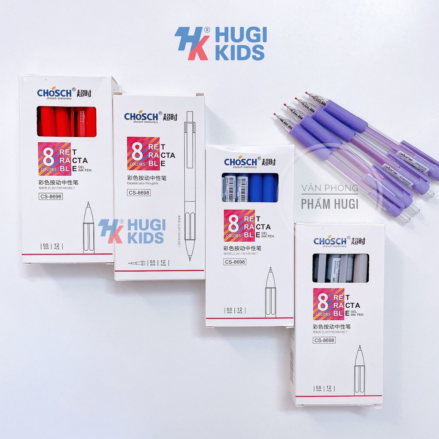 Hộp 12 Cây Bút Gel CHOSCH-8698 dạng bấm loại tốt (Mực Xanh/tím/đỏ/đen)