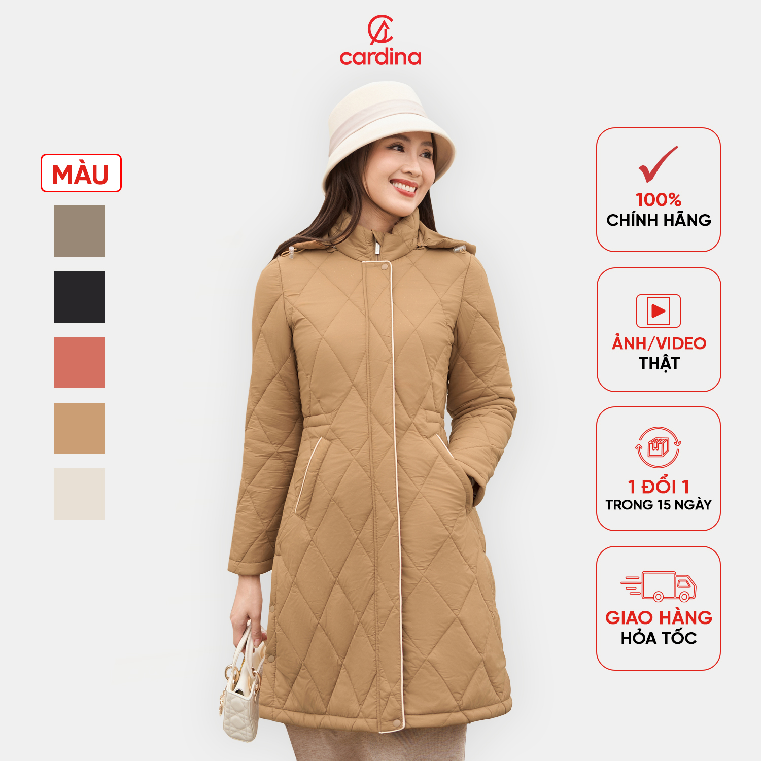 Áo Phao trần trám nữ CARDINA dáng dài với cấu trúc bông Nhật Bản mang lại hiệu quả giữ ấm tối ưu 4PDF03