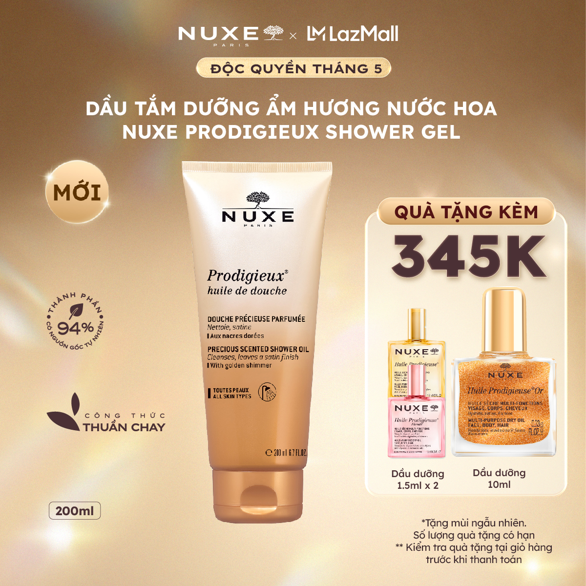 Dầu Tắm Dưỡng Ẩm Hương Nước Hoa Sang Trọng Nuxe Prodigieux® huile de douche Precious Scented Shower Oil 200ML