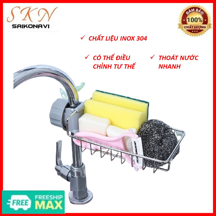 Giá inox cài vòi rửa bát chắc chắn không gỉ - giá để đồ cài cạnh vòi rửa bát tiện lợi