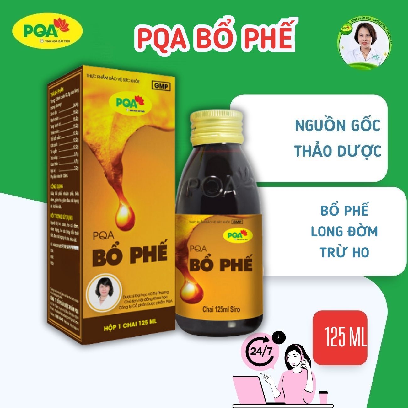 Siro bổ phế pqa giúp nhuận phế, tiêu đờm, giảm ho và đau rát họng kéo dài hộp 125ml hàng chính hãng dược phẩm pqa