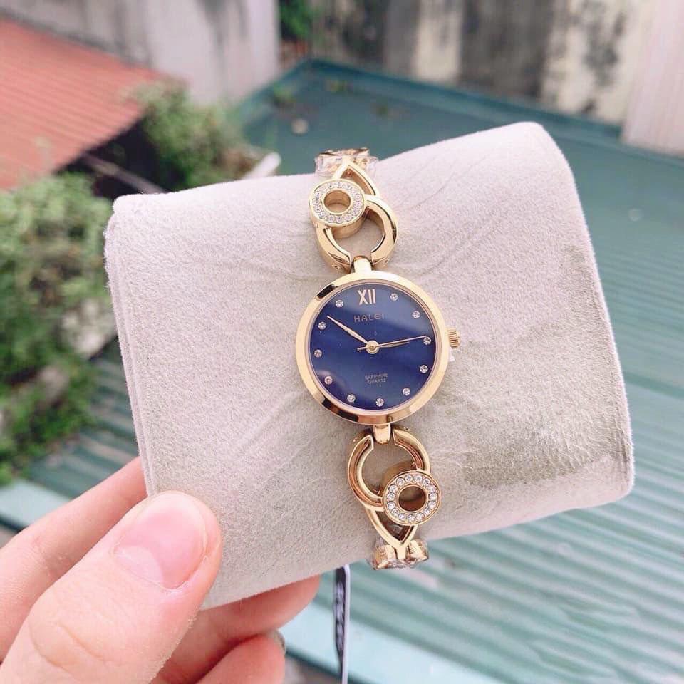 [HCM][Tặng Kèm Pin] Đồng Hồ Nữ HALEI Dây Kim Loại Kiểu Lắc Tay Đính Hạt - HOT HIT 2019