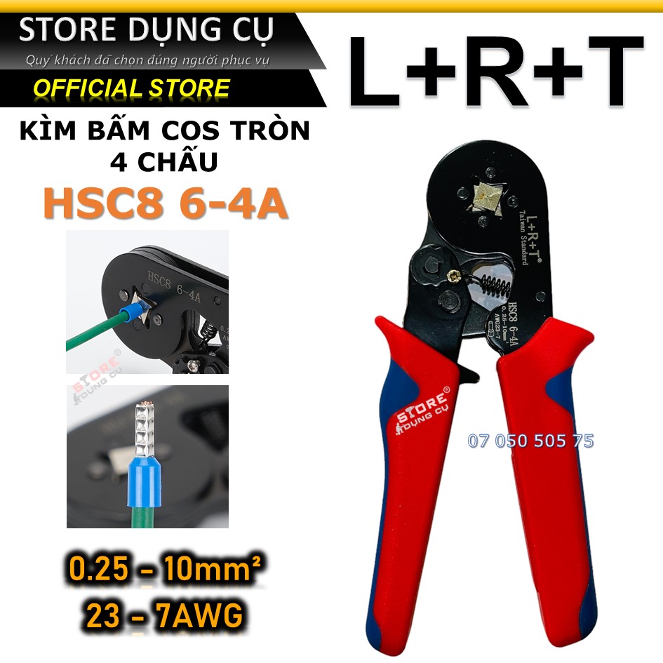 Kìm bấm cos tròn 4 chấu l+r+t hsc8 6-4a tự điều chỉnh, bấm đầu cốt từ 0.25 - 10mm² tạo đầu cos tứ giác, kềm bấm cos 4 cạnh lrt
