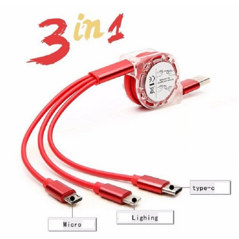 Dây cáp sạc 3 đầu rút gọn tiện lợi
