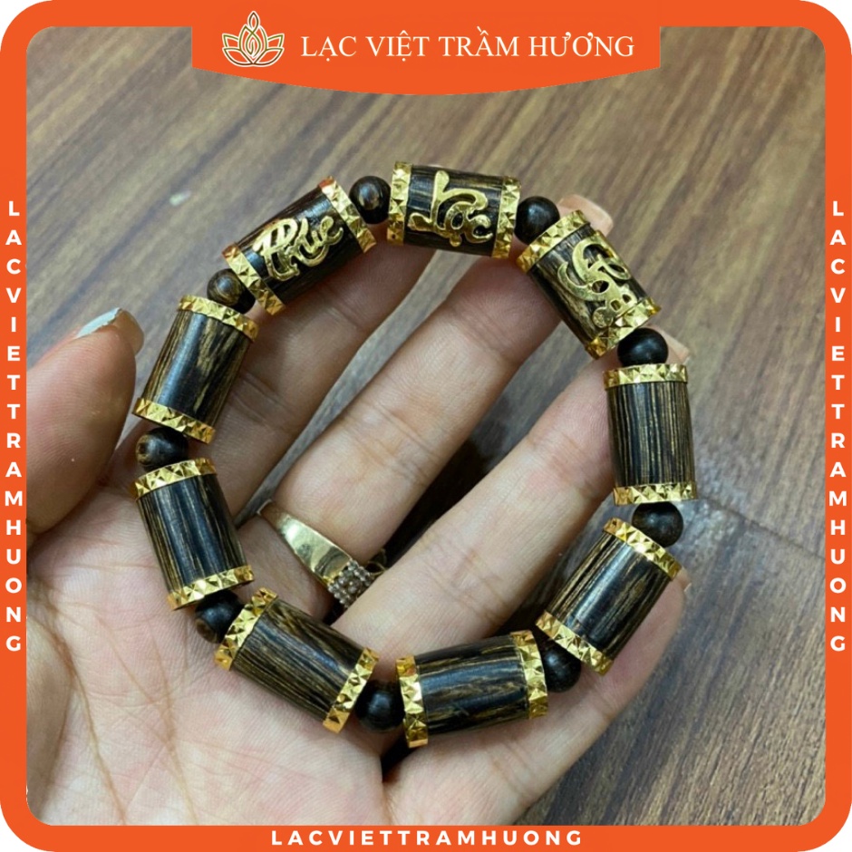 Vòng tay trầm hương sánh chìm 10/12mm tự nhiên đốt trúc cao cấp bọc vàng phúc lộc thọ - lạc việt trầm hương