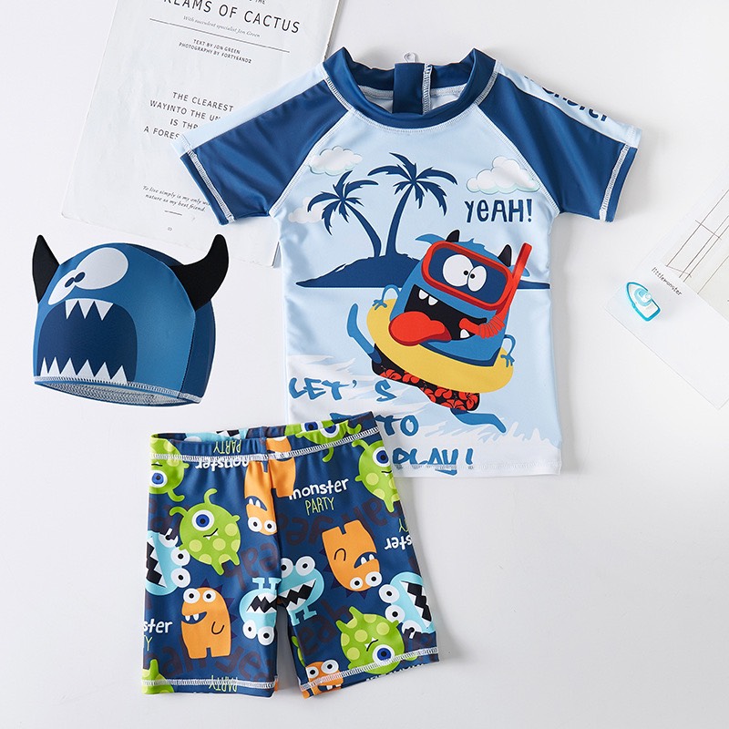 Đồ Bơi Kèm Mũ Cho Bé Trai 7-23Kg, Đồ Bơi Khủng Long Hoạt Hình Nhiều Màu Cho Bé Trai HANNAH KIDS