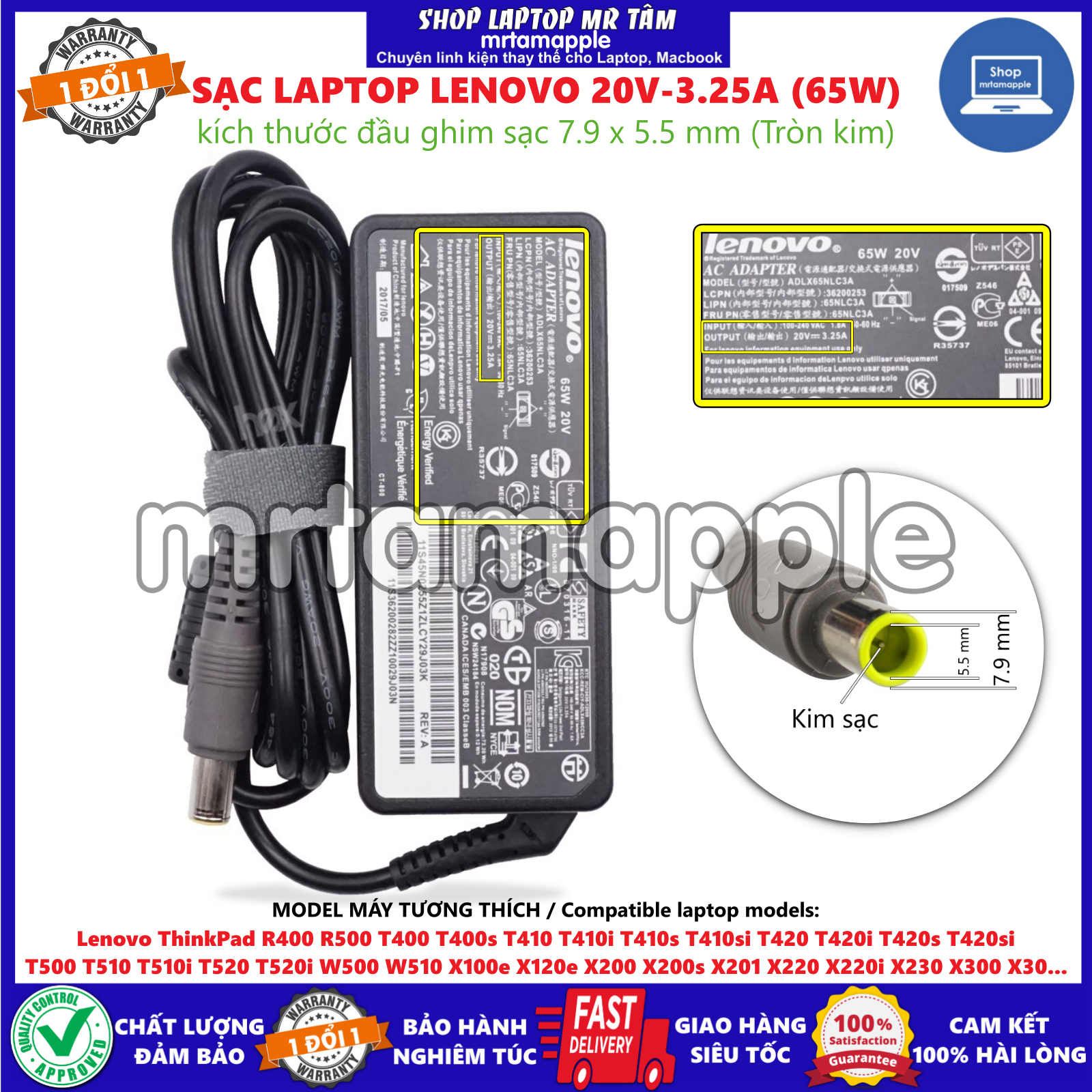 Sạc laptop lenovo 20v-3.25a đầu tròn có kim 7.9 x 5.5mm dành cho edge e420 e420s e425 e430 e435 e520 e525 e530 e535