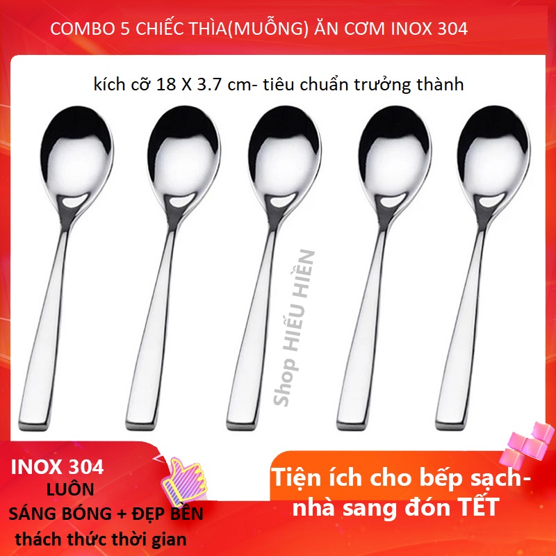 5 Cái Thìa ( Muỗng) Inox 304 - Thìa Ăn Cơm Người Lớn - Thìa Dày Xịn Bóng Đẹp Phong Cách Nhật Trung