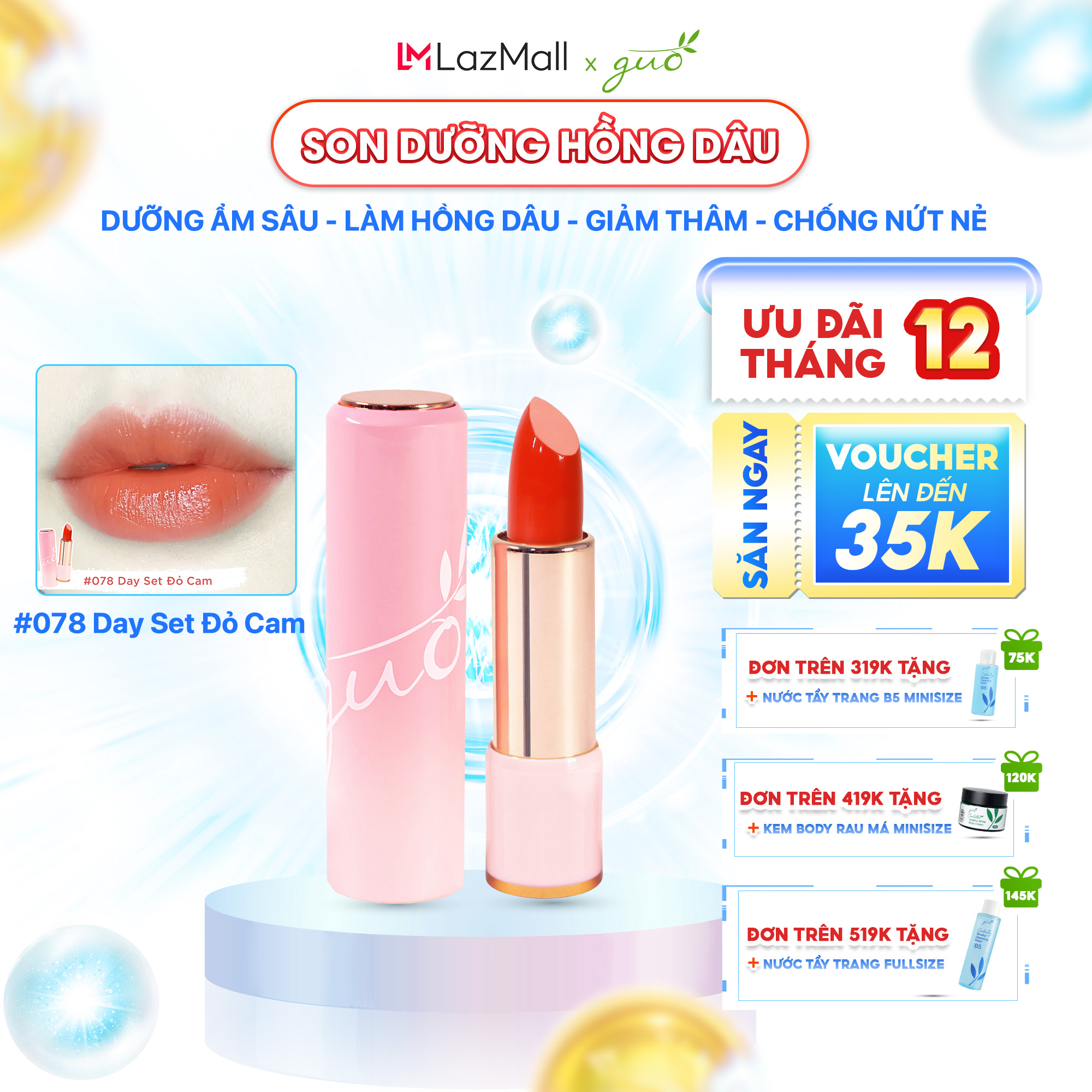 Son dưỡng có màu đỏ cam-day set dưỡng ẩm mờ thâm cho bà bầu guo 5gr -
