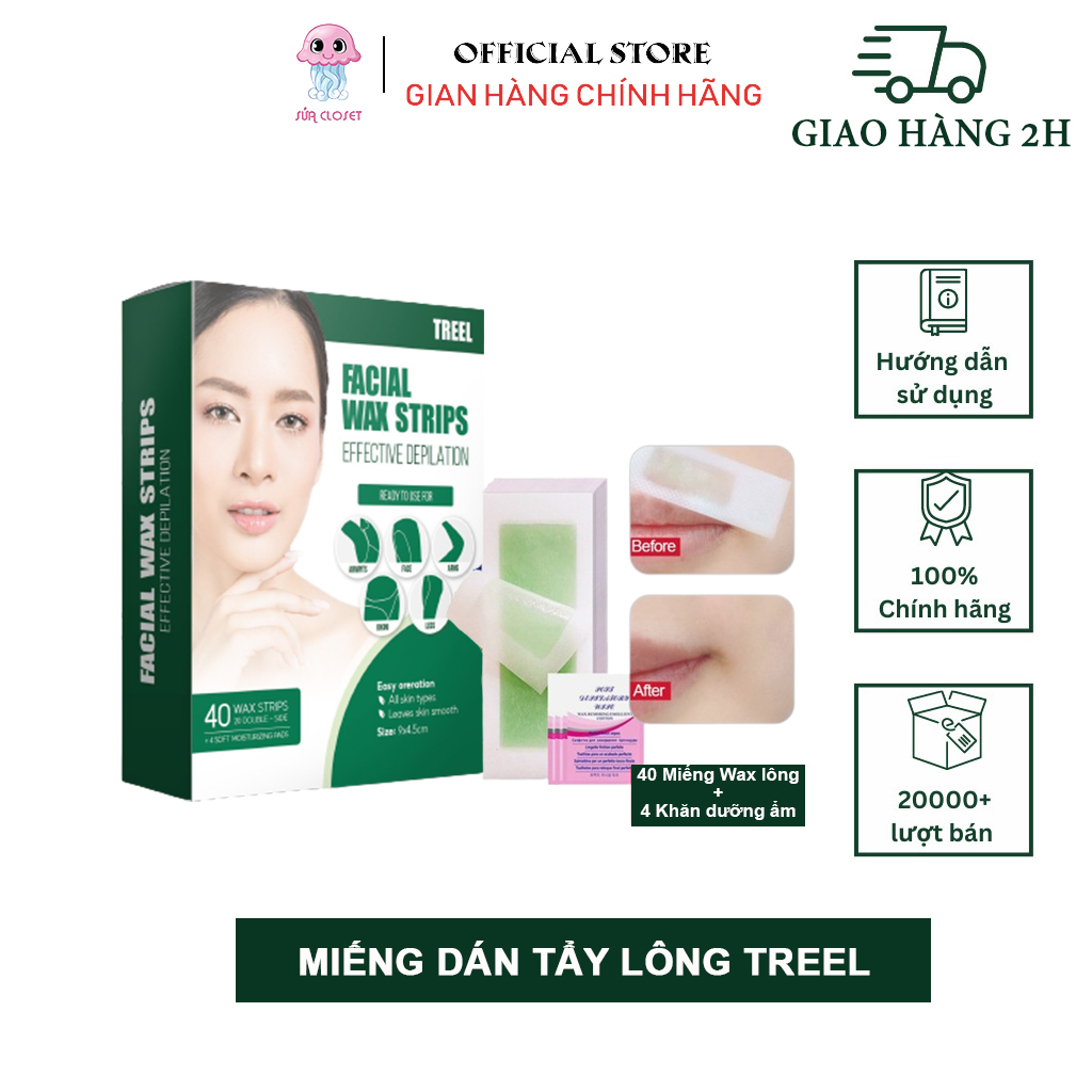 Hộp 40 miếng dán wax lông ria mép miếng dán wax lông mặt TREEL hai mặt tự nhiên triệt lông vùng kín ria mép wax chân tay nách mép khăn lau dưỡng ẩm khăn lau dưỡng ẩm dạng sáp loại bỏ dư thừa khi tẩy lông